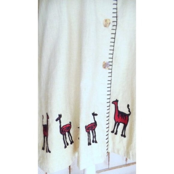 Vintage tan linen embroidered llama deer tunic button down top - Picture 3 of 5